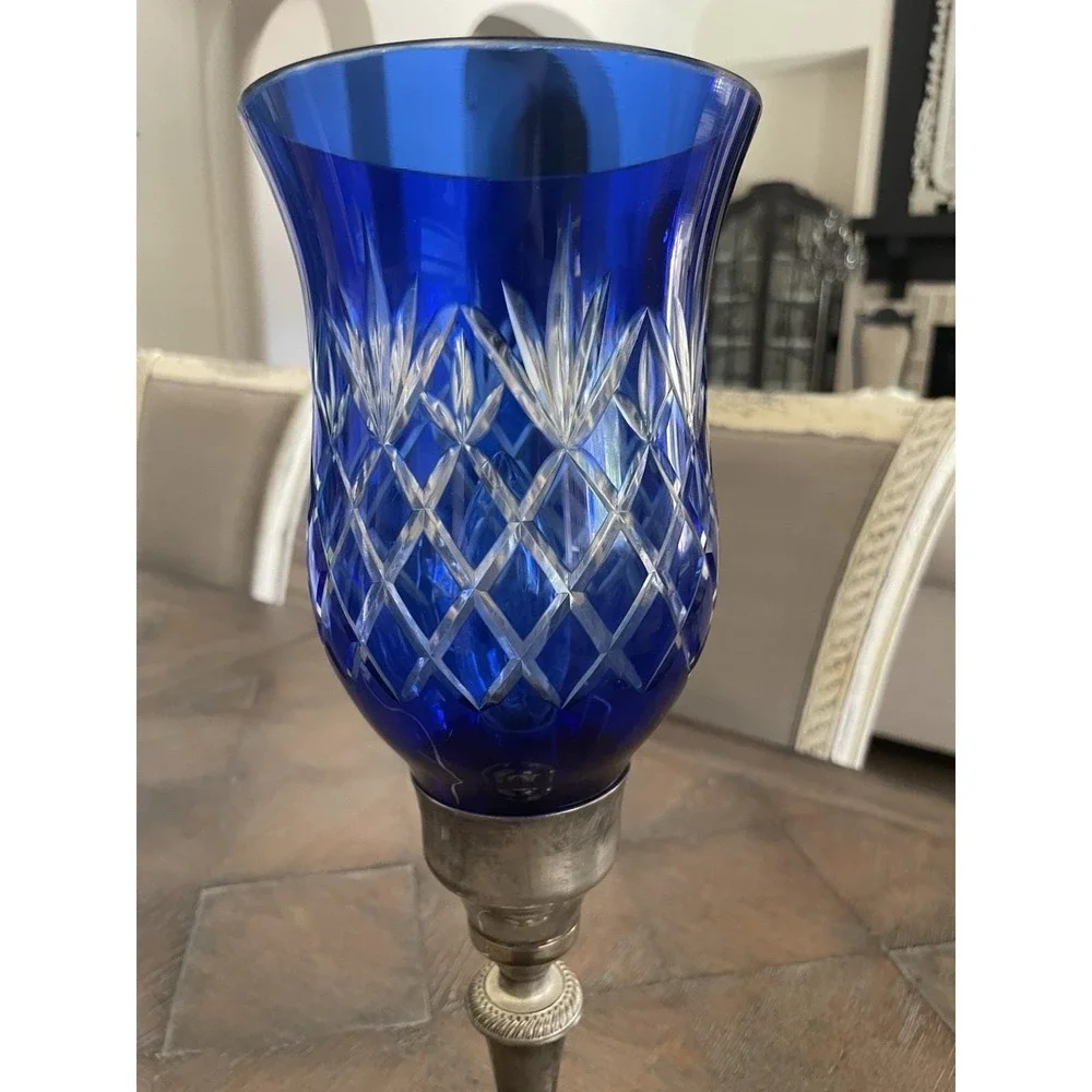 International Silver Company Plated Cobalt Blue Cut Crystal Hurricane Lamp 15